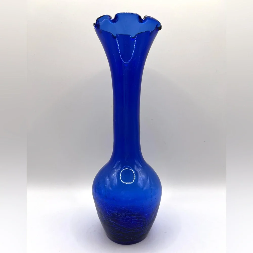Vintage Cobalt Blue Ruffled Edges Bud Vase Crackled Glass Bottom 8 in